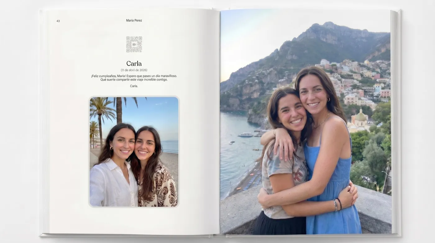 An album where each person leaves their chapter: their video, their photos and their words.